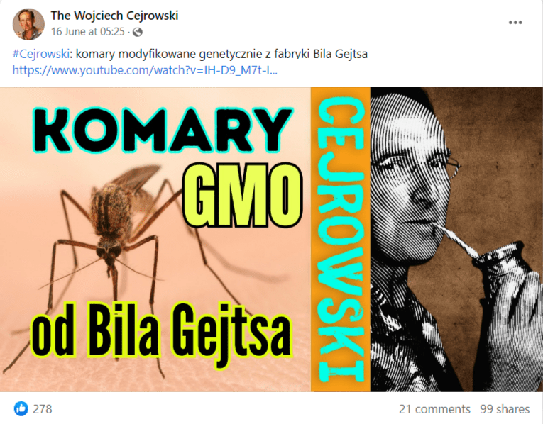 Zrzut ekranu z posta na Facebooku. Na grafice Wojciech Cejrowski oraz zdjęcie przedstawiające komara. W opisie informacja, że udostępniana audycja mówi o modyfikowanych genetycznie komarach pochodzących z fabryki Billa Gatesa.