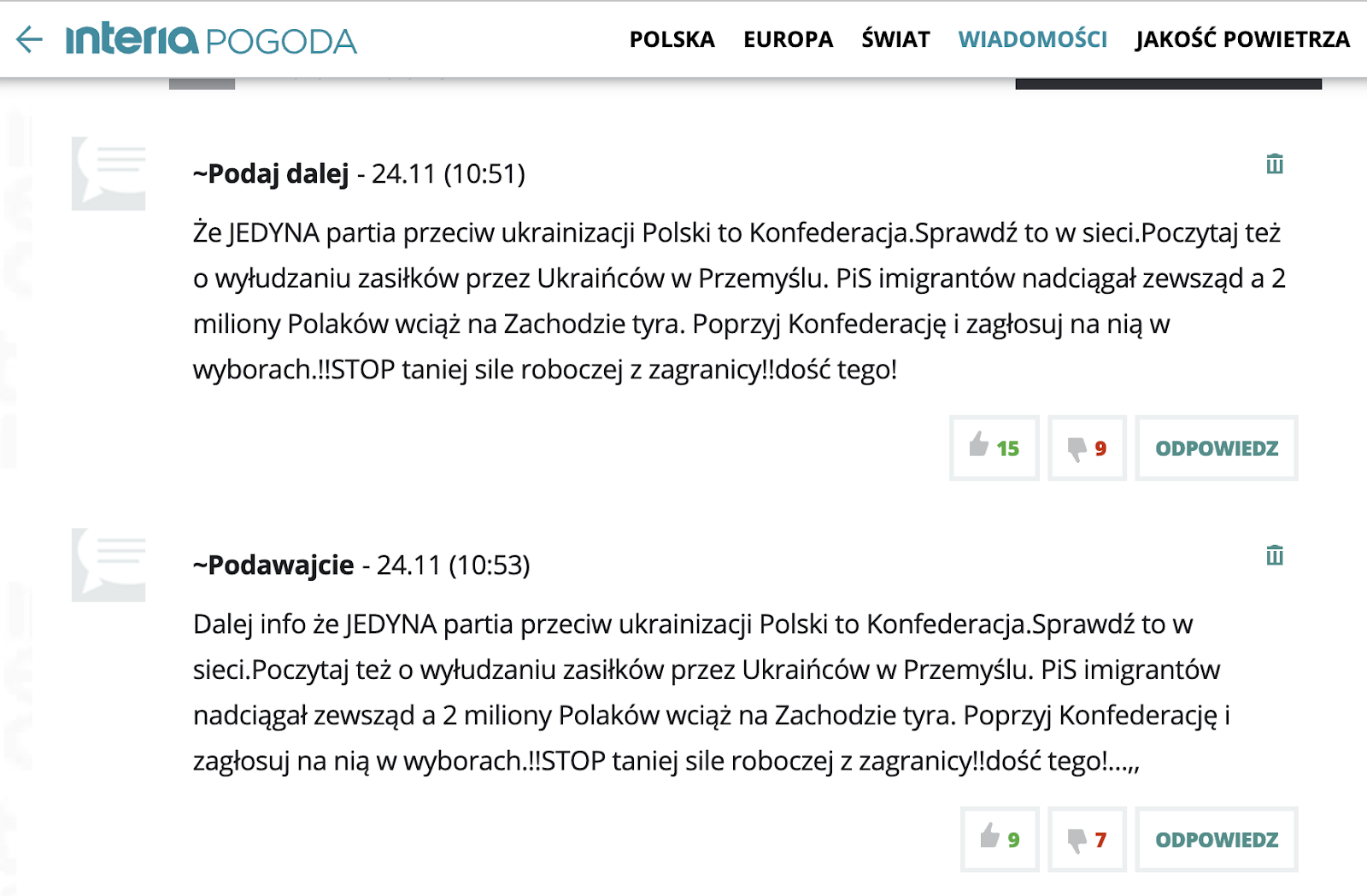 Antyukraiński komentarz w portalu Interia.pl