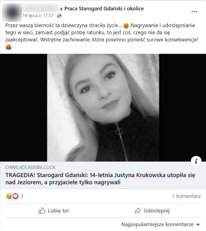 Zrzut ekranu z jednego z postów na Facebooku. Czarno-białe zdjęcie nastolatki. W opisie informacja, że zginęła ona w wyniku utonięcia w jeziorze, a obecni na miejscu znajomi nie pomogli jej.