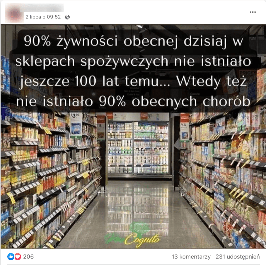 Zrzut ekranu z Facebooka. Na zdjęciu widzimy sklep spożywczy. Post polubiło ponad 200 internautów, skomentowano go 13-krotnie. Dodatkowo zdobył 231 udostępnienia.