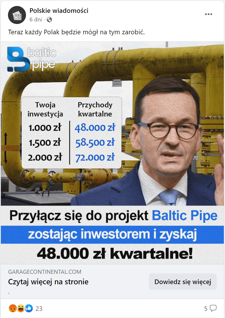 Zrzut ekranu z facebookowego profilu Polskie wiadomości, zachęcającego do rzekomych inwestycji w projekt Baltic Pipe. Liczba reakcji: 23, liczba komentarzy: 5