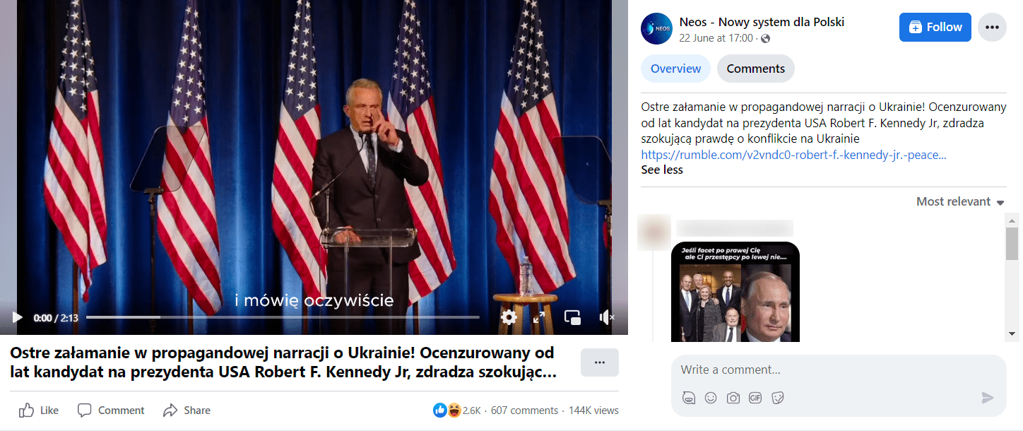 Zrzut ekranu z posta na Facebooku. Na nagraniu widać Roberta F. Kennedy Jr. stojącego na tle flag Stanów Zjednoczonych. W opisie informacja, że mężczyzna zdradził szokującą prawdę o wojnie w Ukrainie. 