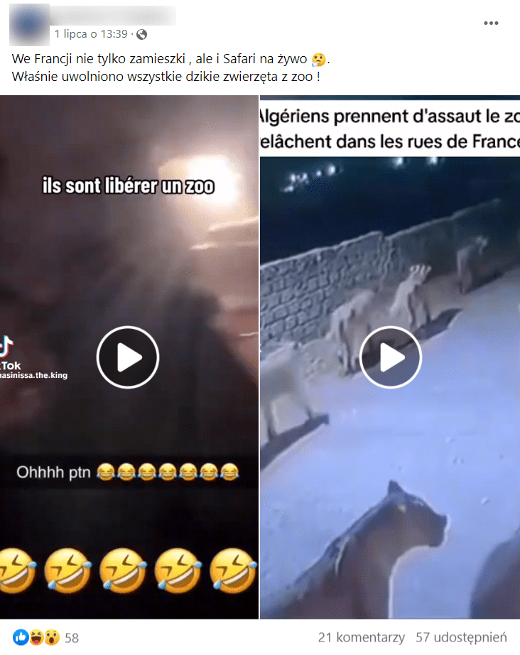 Zrzut ekranu wpisu na Facebooku, w którym pokazano dwa nagrania z rzekomej ucieczki zwierząt w czasie protestów. Na film zareagowało ponad 50 osób, a 57 udostępniło go.
