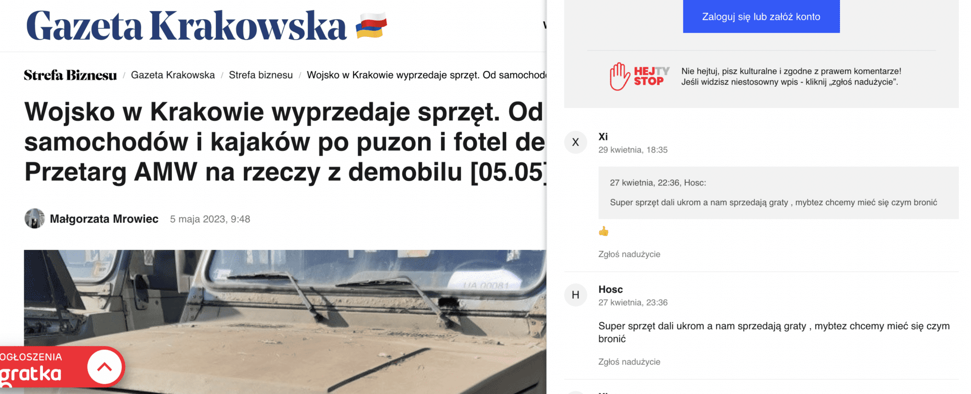Antyukraiński komentarz opublikowany w serwisie Gazetakrakowska.pl