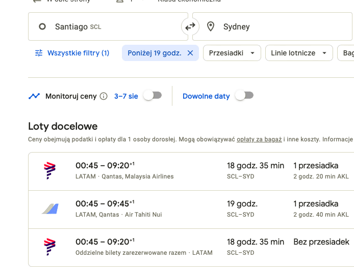Kilka ofert lotów z Santiago do Sydney, trwających mniej niż opisano to w filmie