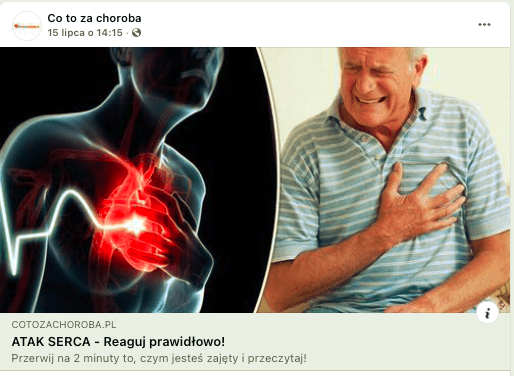 Wpis na Facebooku z linkiem do tekstu o kaszlu w trackie zawału. Grafika przedstawia po lewej stronie kontur człowieka z zaznaczonym sercem, do którego prowadzi linia z kardiomonitora. Po prawej stronie jest mężczyzna w starszym wieku ubrany w niebieską koszulę polo w białe cienki paski trzymający się za serce 