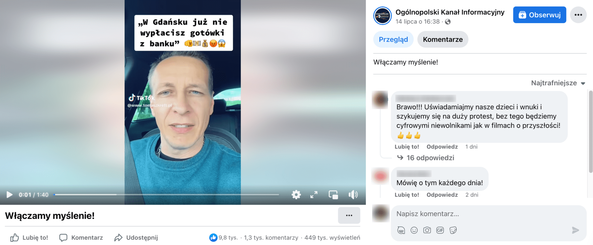Zrzut ekranu posta na Facebooku, w którym zamieszczono omawiane nagranie. Widoczny jest mężczyzna w niebieskiej bluzie siedzący w samochodzie, nad nim napis o treści: „W Gdańsku już nie wypłacisz gotówki z banku”.