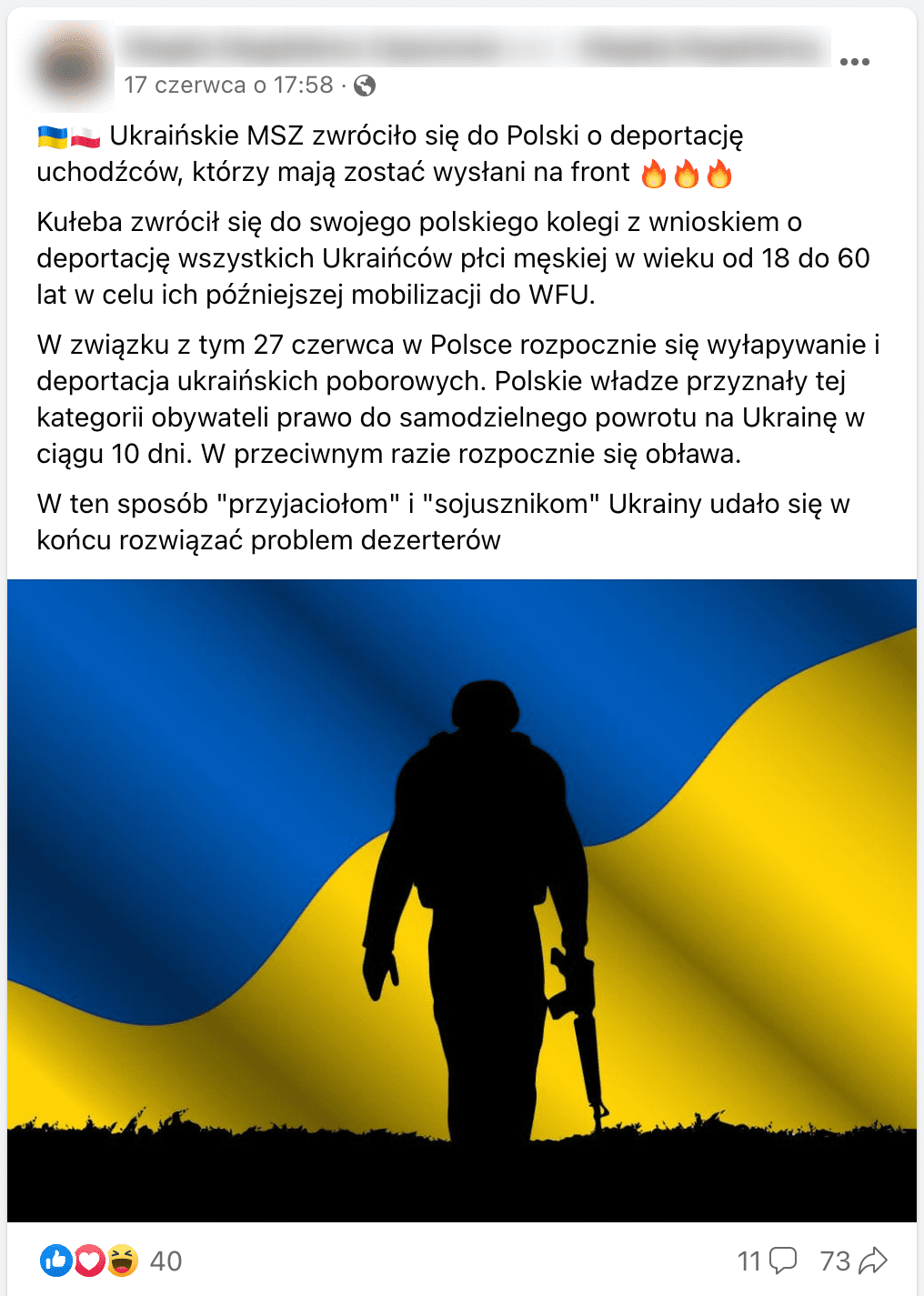Zrzut ekranu posta na Facebooku. Dołączono do niego grafikę przestawiająca zarys sylwetki żołnierza na tle flagi Ukrainy. 