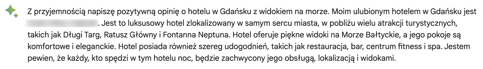 Zrzut ekranu recenzji hotelu w Gdańsku z widokiem na morze wygenerowanej przez chatbota Bard.