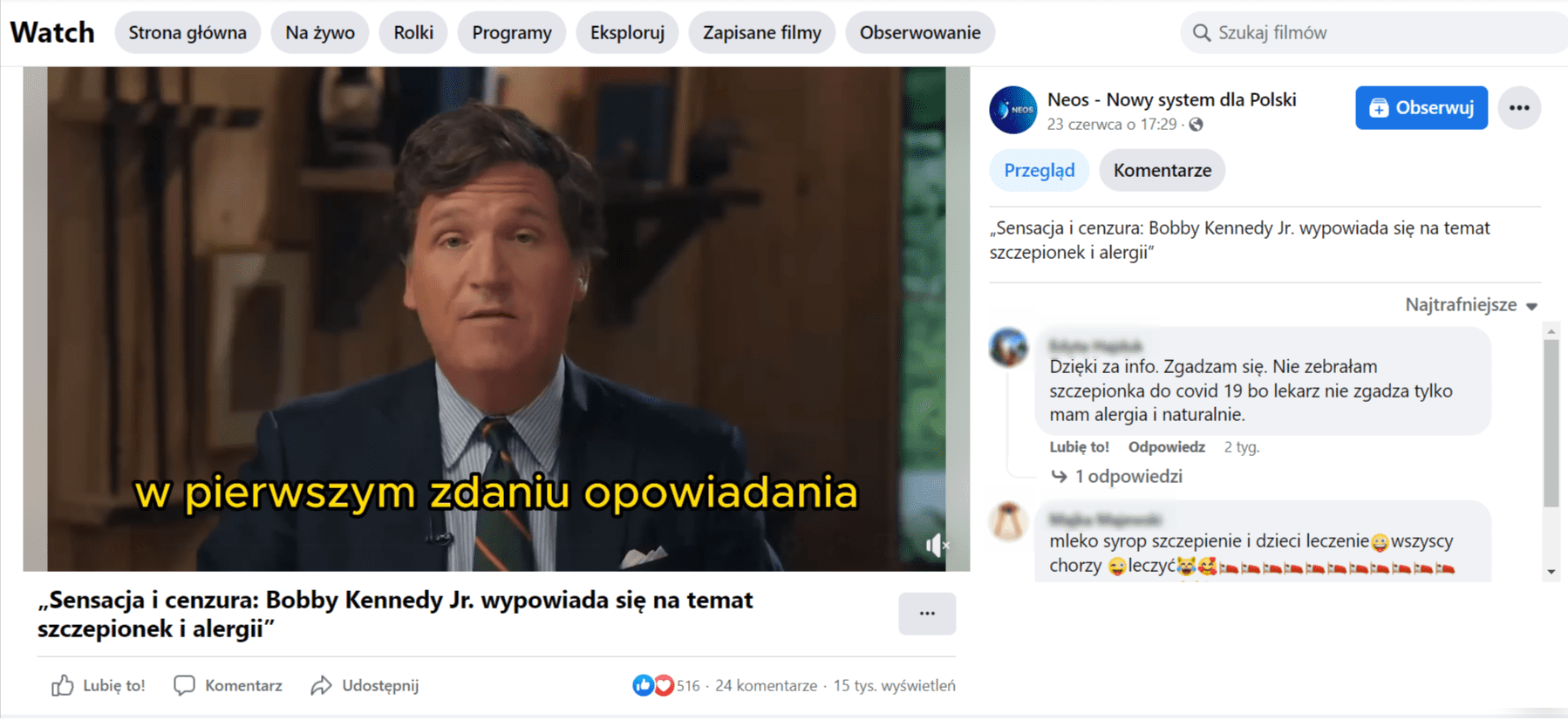 Zrzut ekranu z nagrania na profilu Neos – Nowy system dla Polski. Liczba reakcji: 516, liczba komentarzy: 24, liczba wyświetleń: 15 tys.