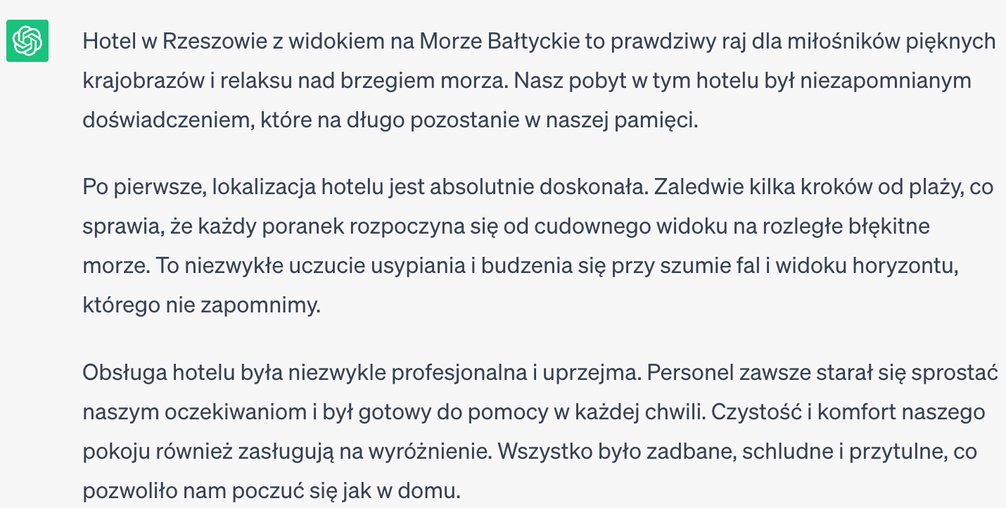 Zrzut ekranu recenzji hotelu w Rzeszowie z widokiem na Morze Bałtyckie wygenerowanej przez ChatGPT.