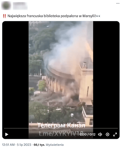  Zrzut ekranu wpisu na Twitterze. Widoczny jest płonący budynek. Wpis obejrzało ponad 66 tys. razy.