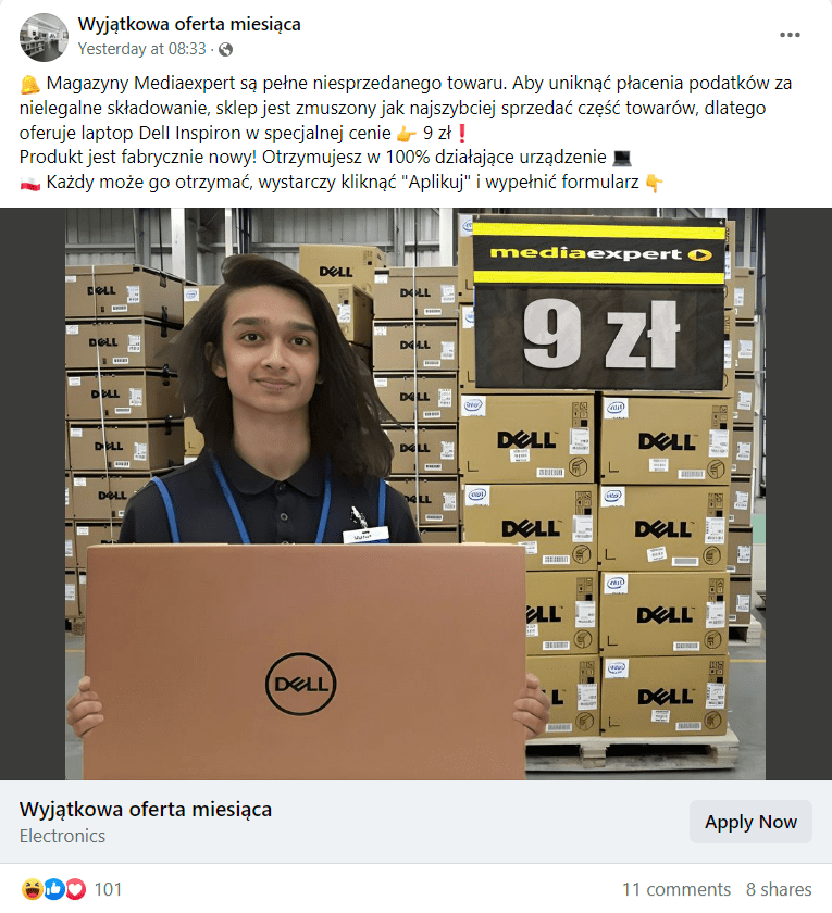 Zrzut ekranu jednego z postów na Facebooku. Przerobione zdjęcie magazynu, na które wklejono wizerunek młodego mężczyzny trzymającego karton z napisem „Dell”. W opisie informacja, że w związku z przepełnionymi magazynami, Media Expert wyprzedaje laptopy po dziewięć złotych. 