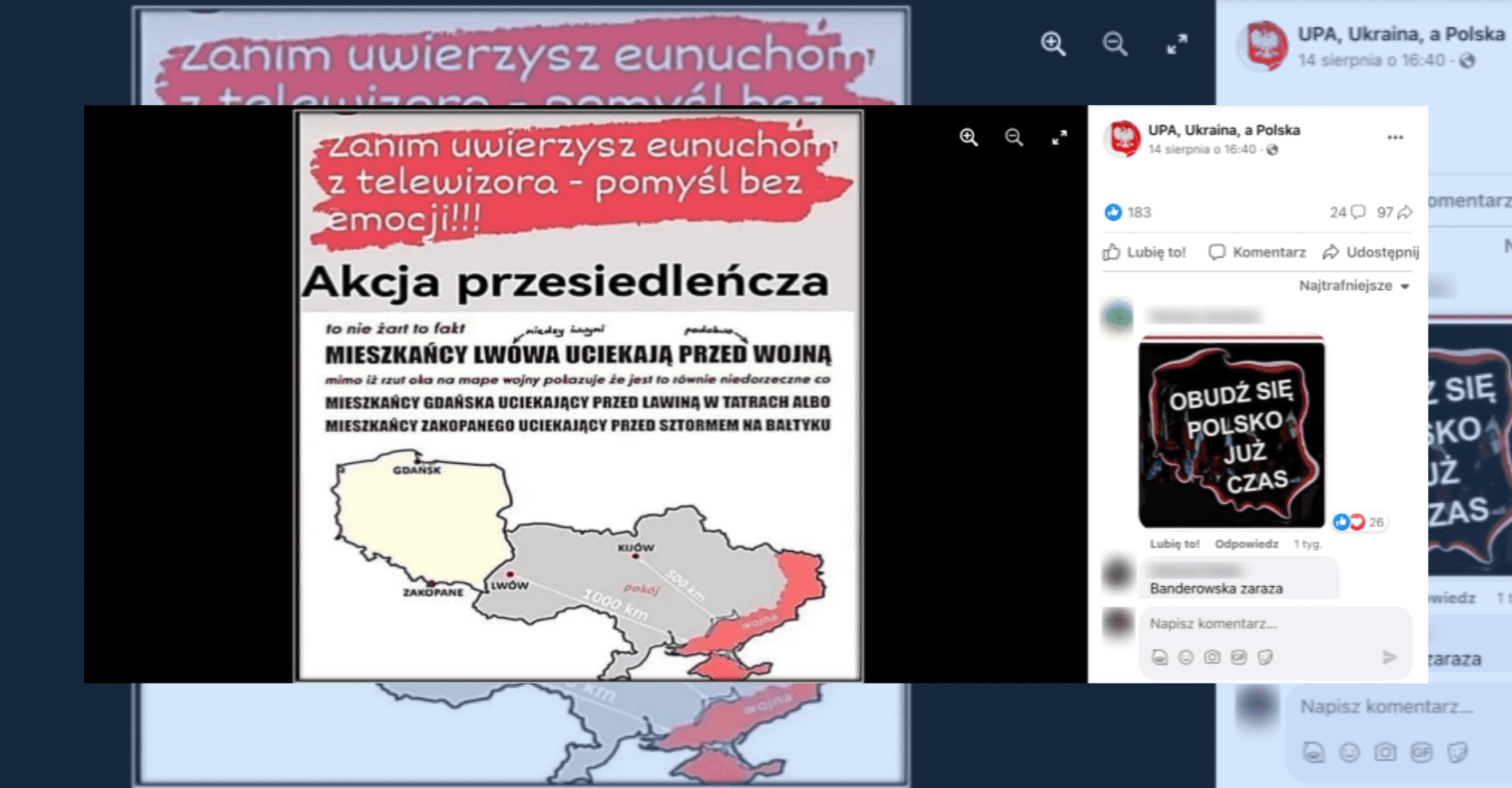 Screenshot przedstawiający „mapę wojny” w Ukrainie. „Rzut oka” na nią ma udowadniać, że ucieczka z tego kraju jest „niedorzeczna”, gdyż wojna toczy się rzekomo tylko w jego wschodniej części. Przyjazd osób z Ukrainy do Polski określono jako „akcję przesiedleńczą”. To fake news.