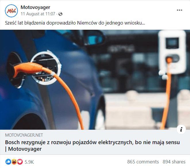 Zrzut ekranu z jednego z postów na Facebooku. Link do artykułu i informacja, że sześć lat „błądzenia” doprowadziło Niemców do wniosku, że pojazdy elektryczne nie mają sensu. 
