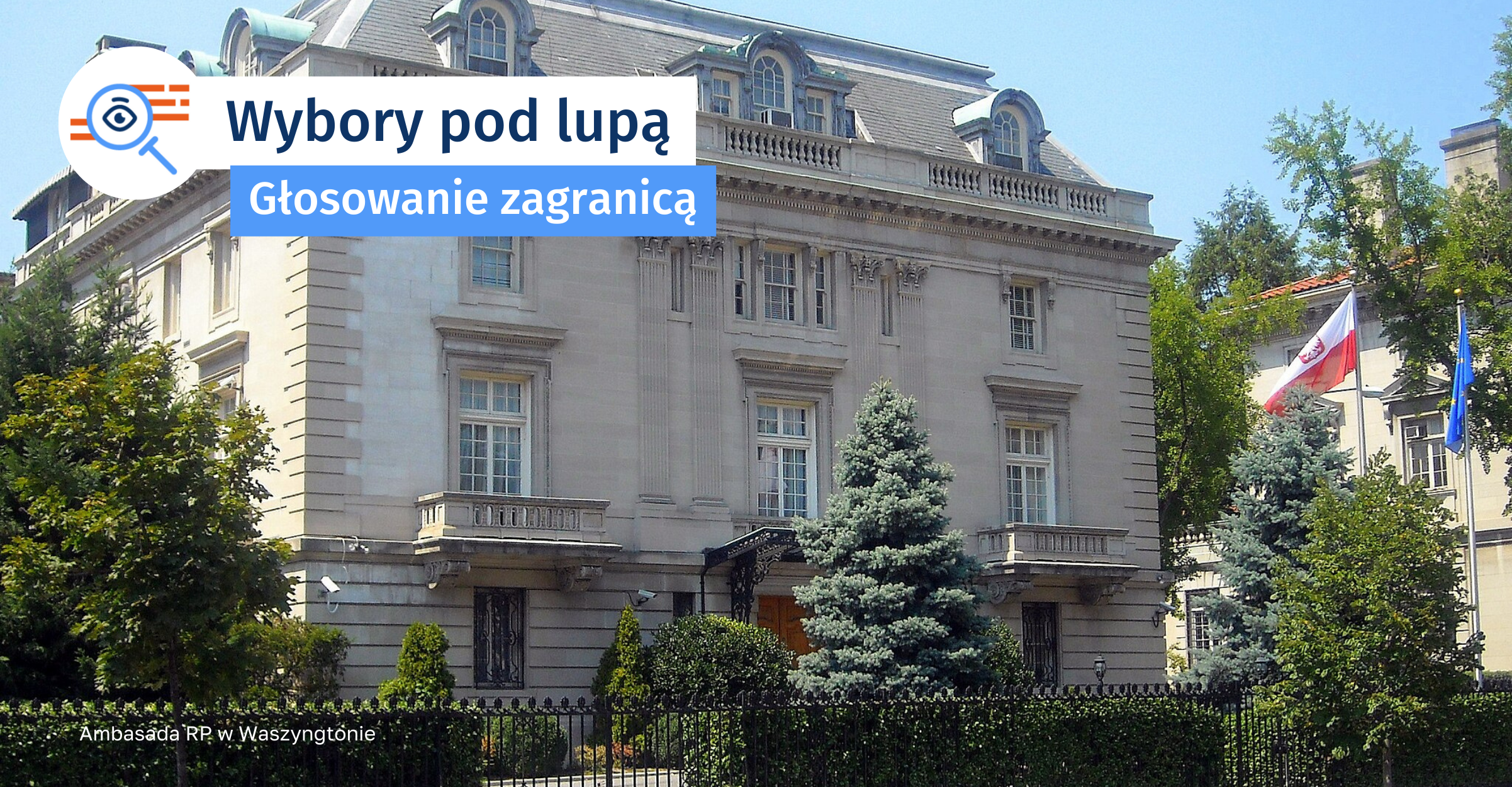 Zdjęcie Ambasady RP w Waszyngtonie. Czteropiętrowy budynek z jasnymi, biało-beżowymi cegłami.