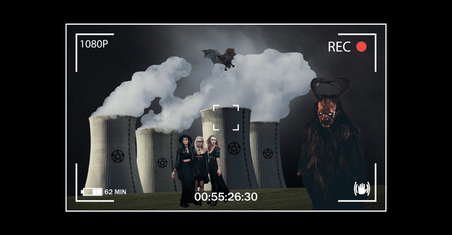 Noc. Elektrownia jądrowa z czarnymi znakami przedstawiającymi pentagram. Trzy kobiety ubrane na czarno stoją przed kominami, z których bucha dym. Jedna z nich trzyma odwrócony krzyż. Po prawej widnieje sylwetka szatana. Na górze leci nietoperz.