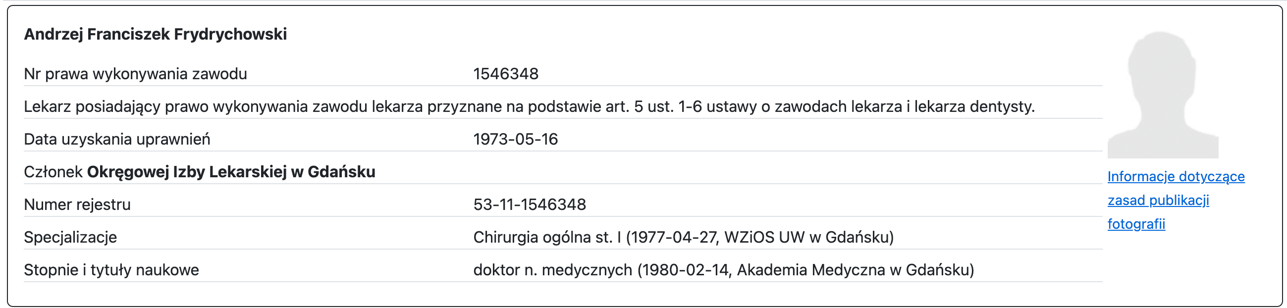 Zrzut ekranu profilu Andrzeja Frydrychowskiego w rejestrze lekarzy prowadzonym przez Naczelną Izbę Lekarską.
