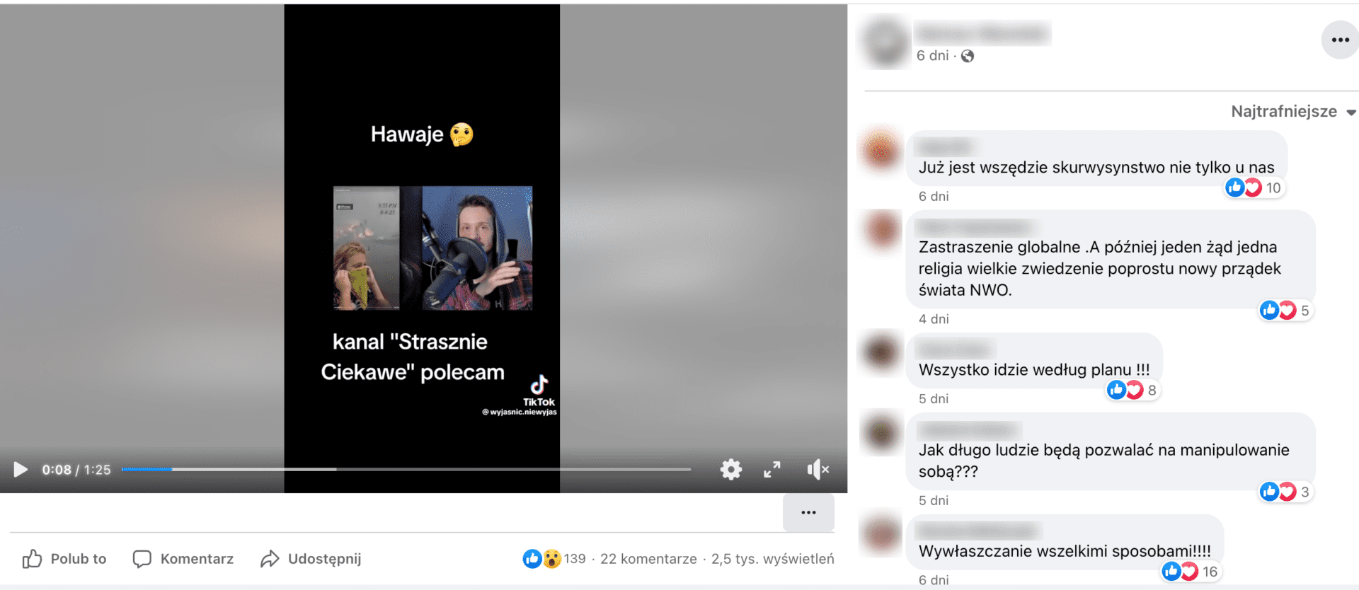 Zrzut ekranu posta na Facebooku. W kadrze widzimy młodego mężczyznę w kapturze przed mikrofonem. Po lewej stronie wklejono inny kadr, w którym kobieta nakłada sobie na twarz zieloną chustę.