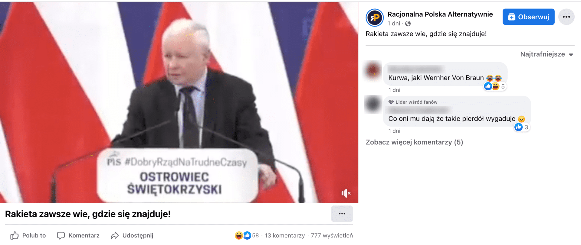Zrzut ekranu omawianego posta. Widoczny jest Jarosław Kaczyński na tle biało-czerwonych flag. Przed nim napis: „PiS #DobryRządNaTrudneCzasy” oraz „Ostrowiec Świętokrzyski”.
