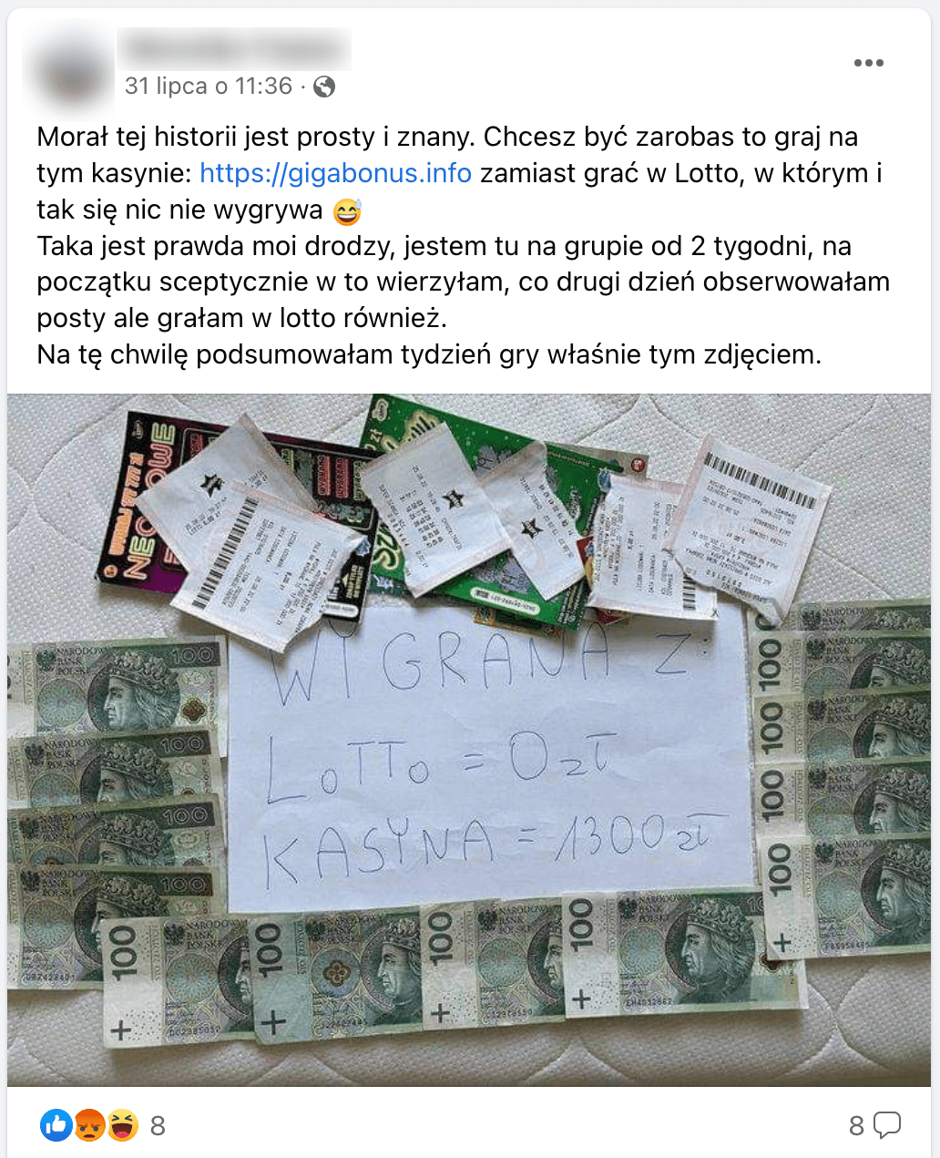 Zrzut ekranu posta na Facebooku. Na załączonym zdjęciu znajdują się banknoty i kupony Lotto. Położono też kartkę z napisem: „WYGRANA Z LoTTo = 0 zł KASYNA = 1300 zł”.