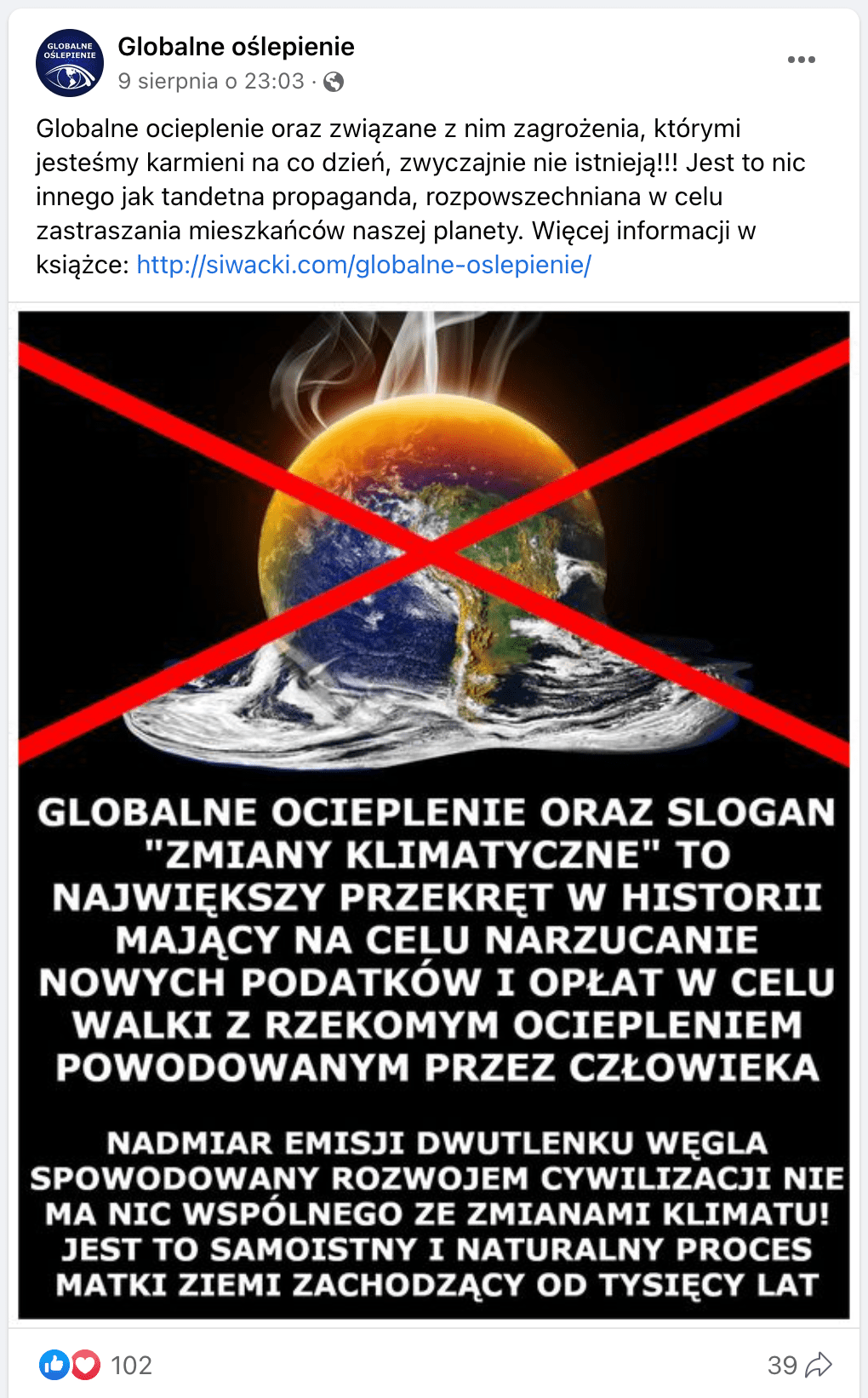 Zrzut ekranu posta na Facebooku. Dołączono do niego ilustrację, na której widzimy przekreśloną grafikę rozpływającej się z gorąca planety.