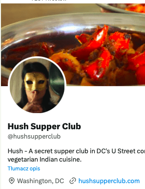 Zrzut ekranu z profilu waszyngtońskiej restauracji. Na zdjęciu profilowym jest zamaskowana kobieta, pojawiająca się także na zdjęciach przy teorii spiskowej.