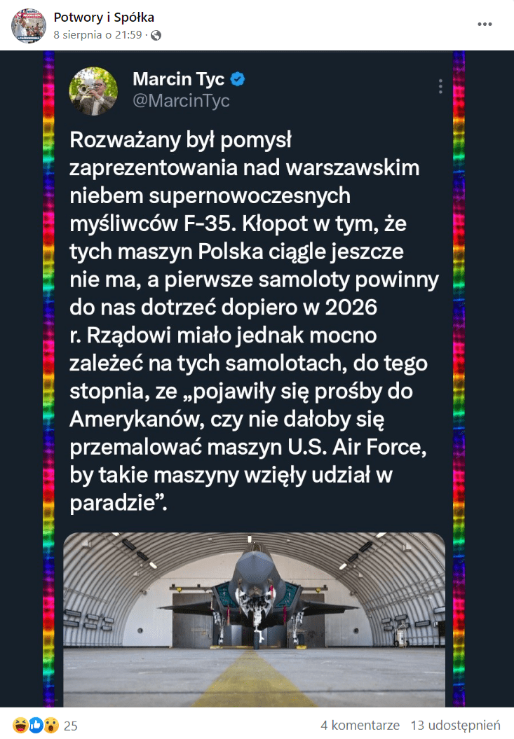 Zrzut ekranu wpisu na Facebooku, w którym podano, że polski rząd wysłał prośbę o wypożyczenie F-35 do rządu USA. Do wpisu dołączono zdjęcie samolotu w hangarze.