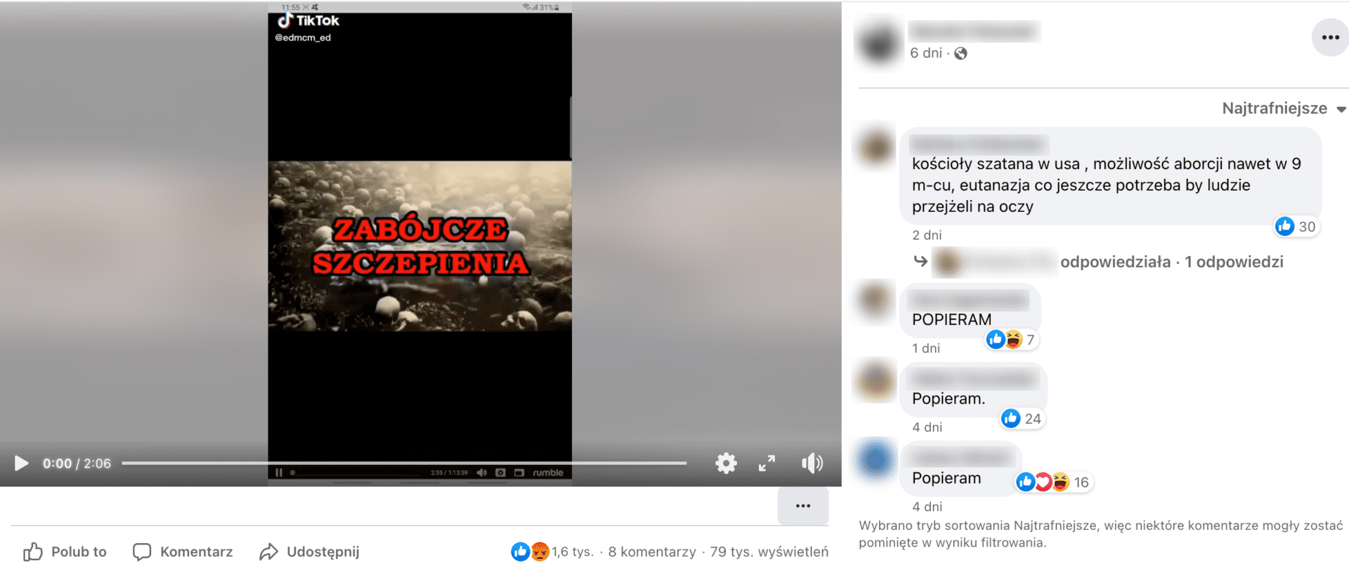 Zrzut ekranu posta na Facebooku. W kadrze udostępnionego Tik Toka znajduje się ziemia pokryta czaszkami. Wielkimi, czerwonymi literami napisano: „ZABÓJCZE SZCZEPIENIA”.