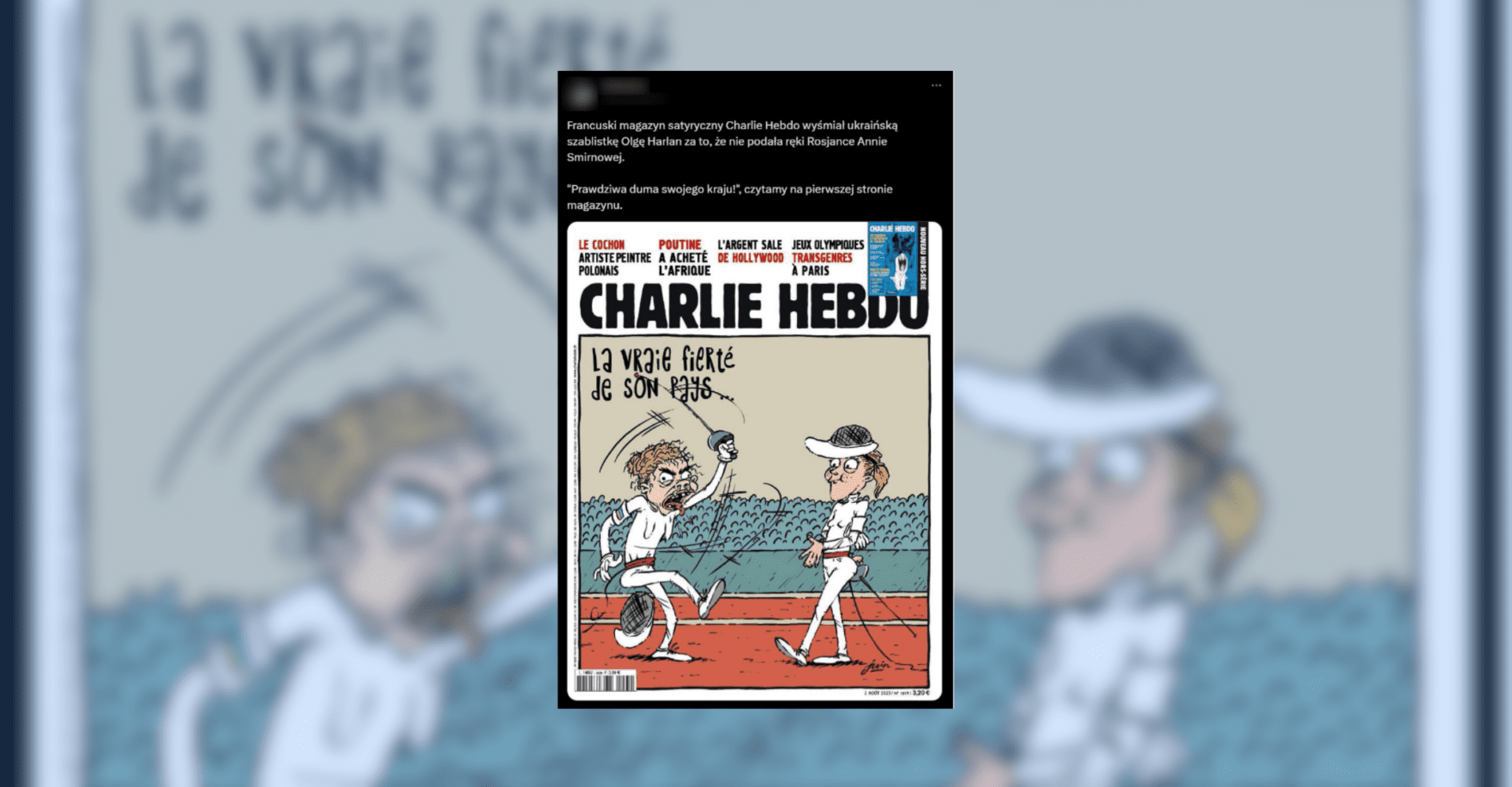 Screenshot przedstawiający tweeta z fałszywym komentarzem do okładki francuskiego czasopisma satyrycznego „Charlie Hebdo”.
