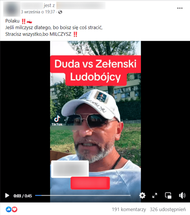Zrzut ekranu z posta na Facebooku. Na nagraniu mężczyzna opowiada o Andrzeju Dudzie i Wołodymyrze Zełenskim.