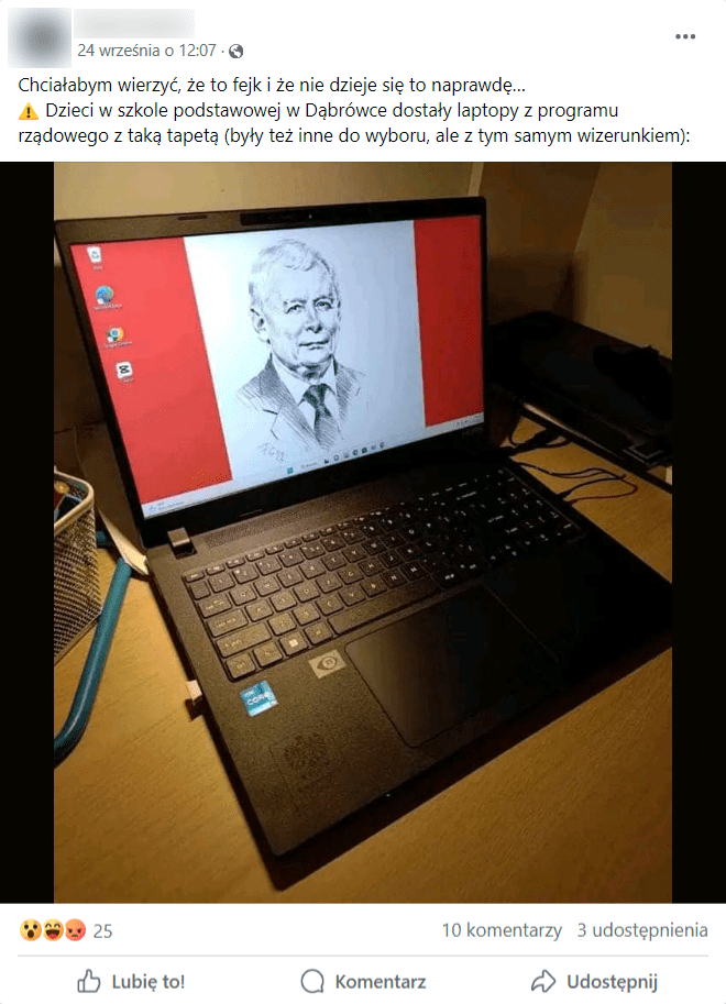 Zrzut ekranu z posta na Facebooku. Zdjęcie laptopa z wizerunkiem Jarosława Kaczyńskiego na tapecie. W opisie informacja, że sprzęt został przekazany dzieciom ze szkoły podstawowej w Dąbrówce. 