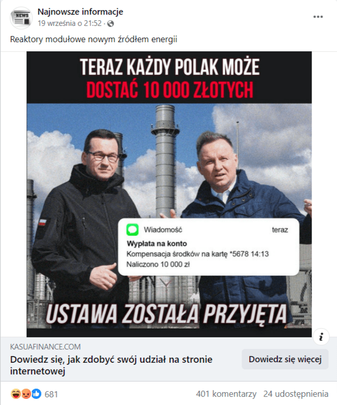 Zrzut ekranu z posta na Facebooku. Na zdjęciu Mateusz Morawiecki oraz Andrzej Duda. Na grafice informacja, że „każdy Polak może dostać 10 000 złotych”.