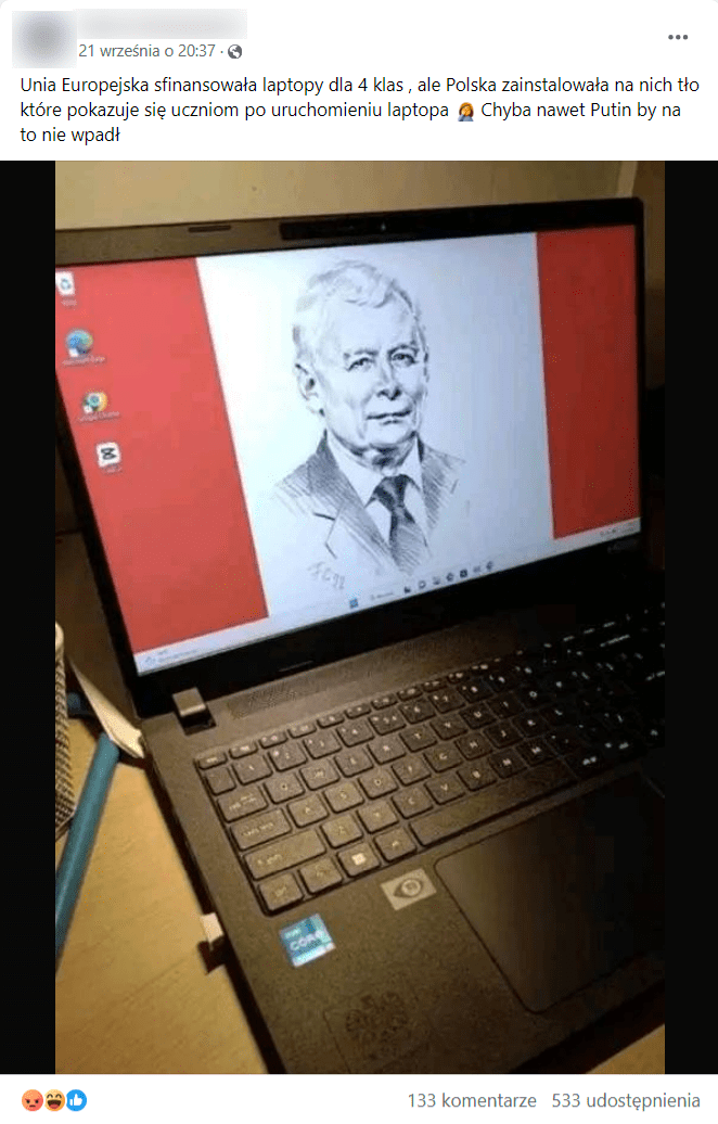 Zrzut ekranu z posta na Facebooku. Na zdjęciu laptop z tapetą przedstawiającą Jarosława Kaczyńskiego. 