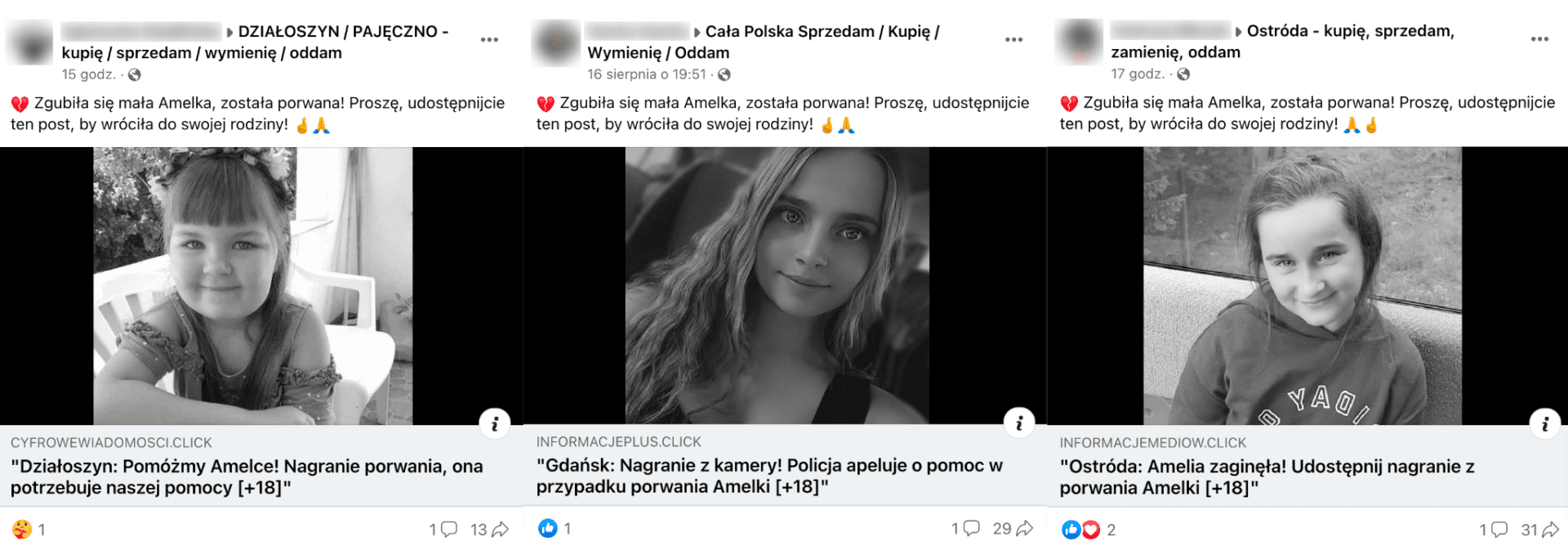 Zrzuty ekranu postów na temat rzekomego porwania Amelki w różnych miejscowościach w Polsce. Widoczna jest identyczna treść postów i zdjęcia różnych dziewczynek.