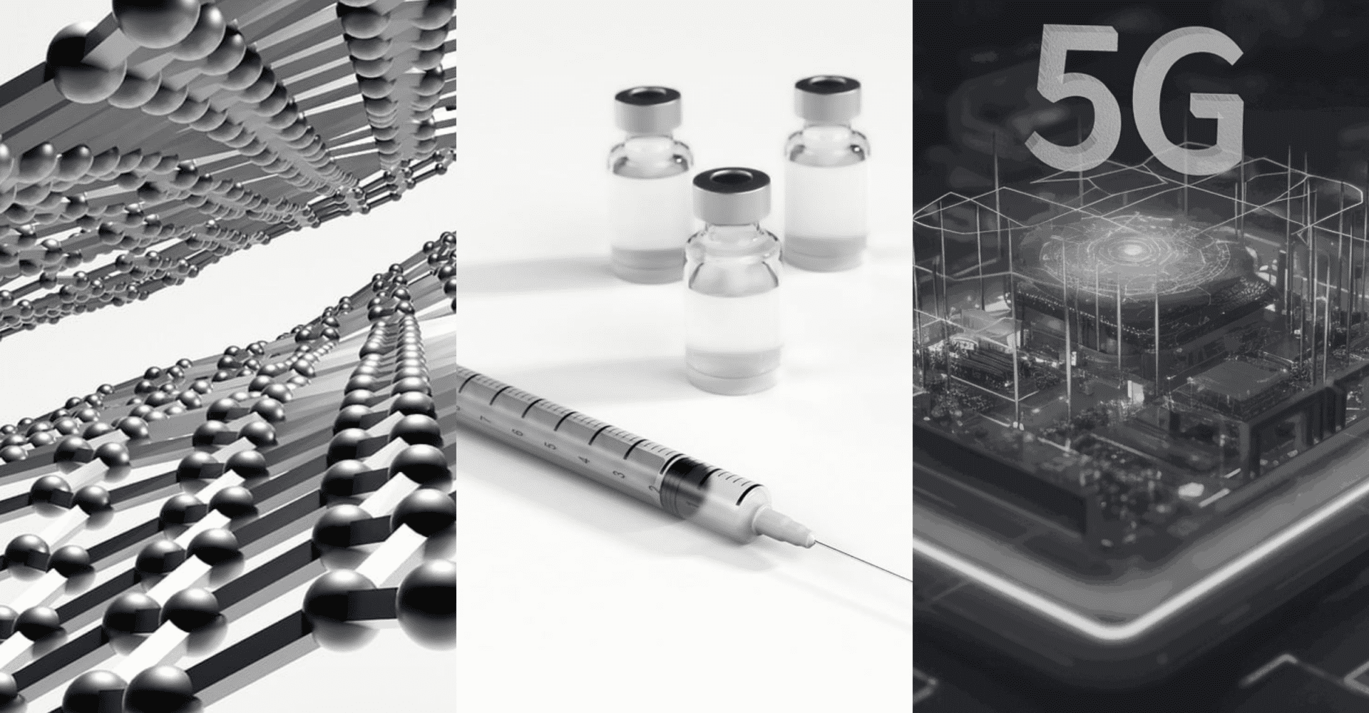 Cząsteczki grafenu, strzykawka z fiolkami szczepionki oraz 5G