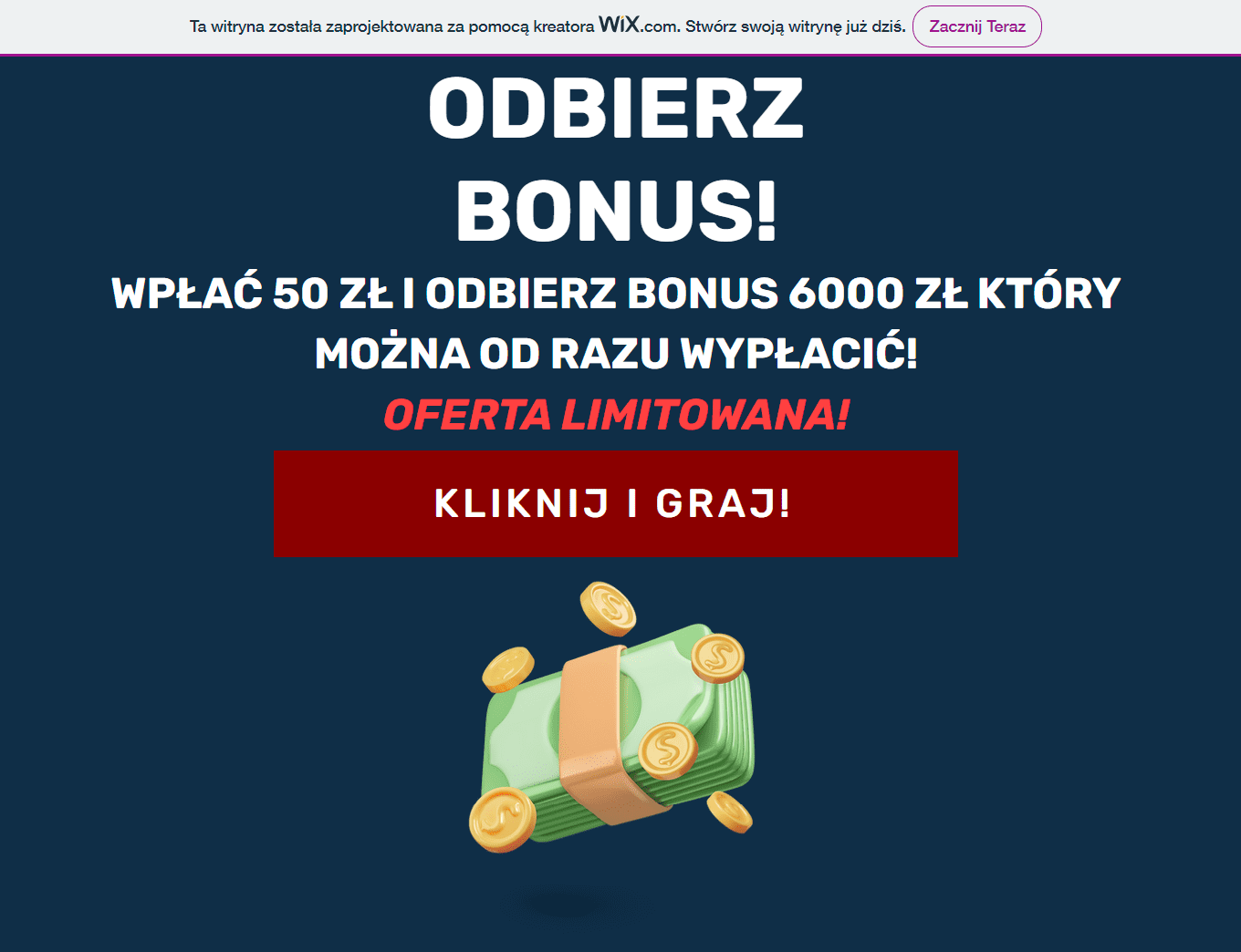 Zrzut ekranu ze strony internetowej kasyna. Informacja o możliwości odebrania bonusu w wysokości 6 tys. zł. 