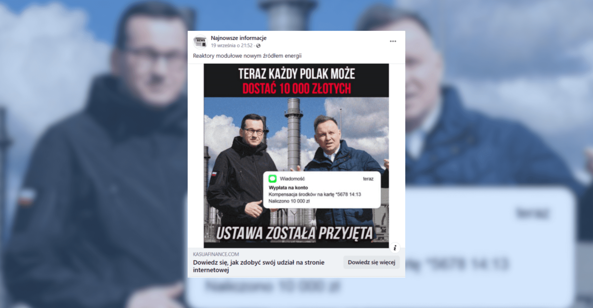 Screenshot posta będącego scamem z wykorzystaniem wizerunku premiera Morawieckiego i prezydenta Andrzeja Dudy