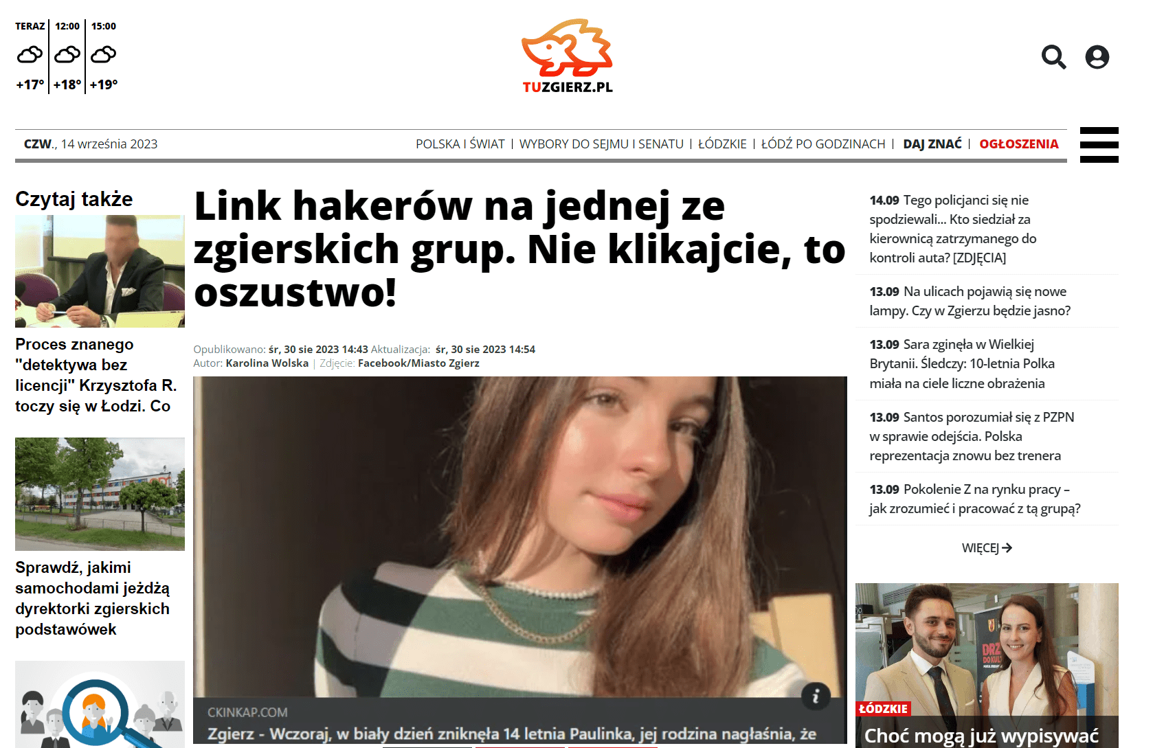 Zrzut ekranu ze strony mediów lokalnych tuzgierz.pl, w których opublikowano artykuł ostrzegający przed oszustwem. Wykorzystano w nim to samo zdjęcie i tę samą treść posta, co w omawianych wpisach.
