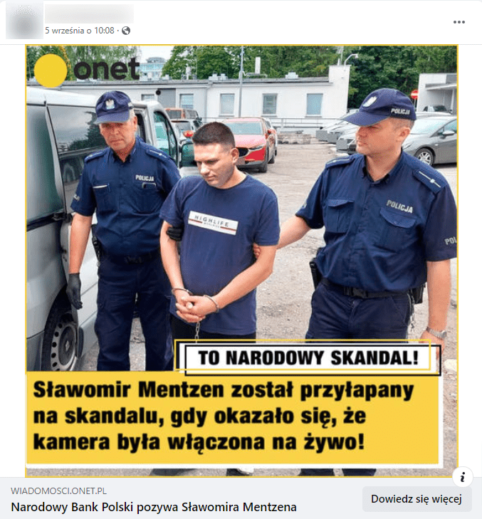 Wpis na Facebooku zawierający zdjęcie przedstawiające rzekomo Sławomira Mentzena aresztowanego przez dwóch policjantów.