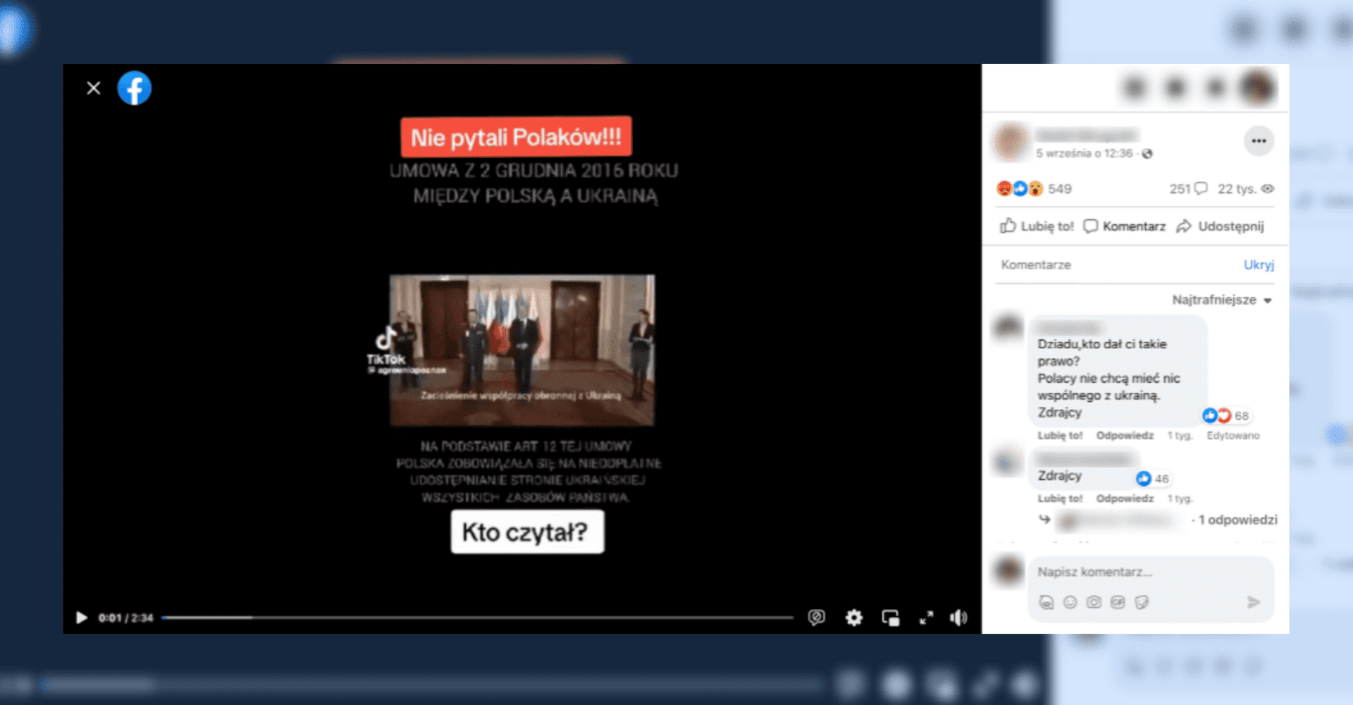Screenshot przedstawiający nagranie powielające nieprawdziwe informacje dot. pomocy Ukrainie