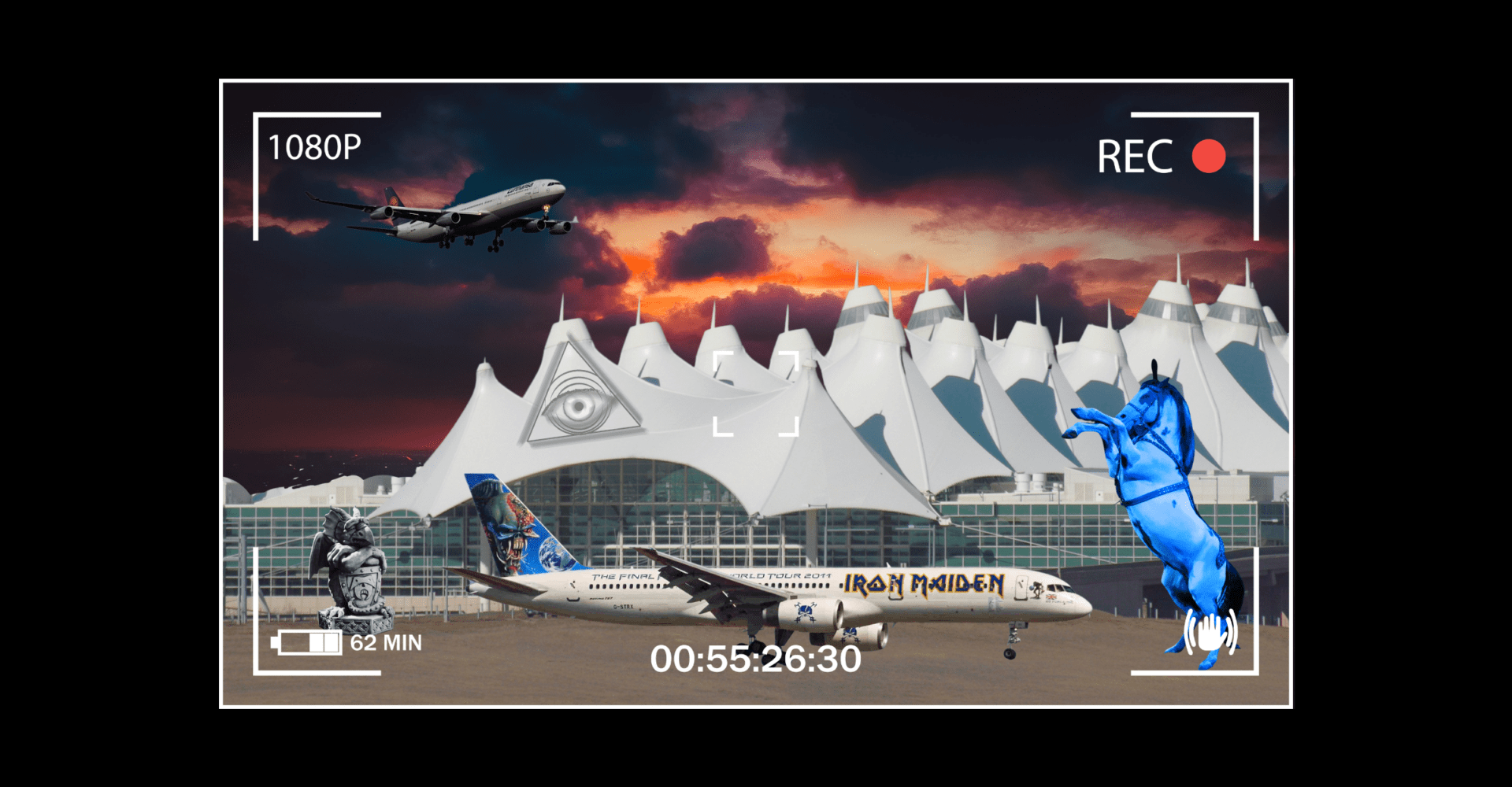 Lotnisko w Denver z okiem opatrzności. Samolot Iron Maiden, gargulec i niebieski koń wyglądający jak bluecipher.