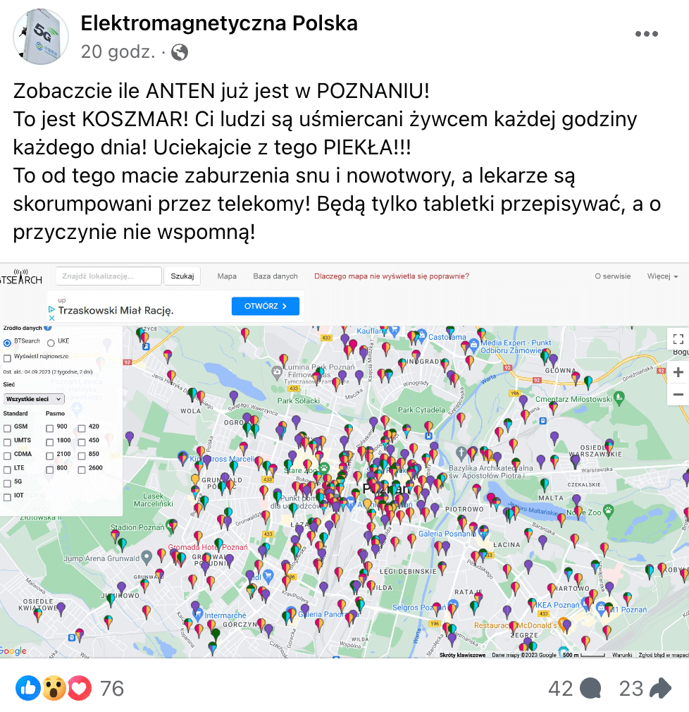 Zrzut ekranu omawianego posta na Facebooku. Widoczna jest mapa Poznania z zaznaczonymi stacjami bazowymi.