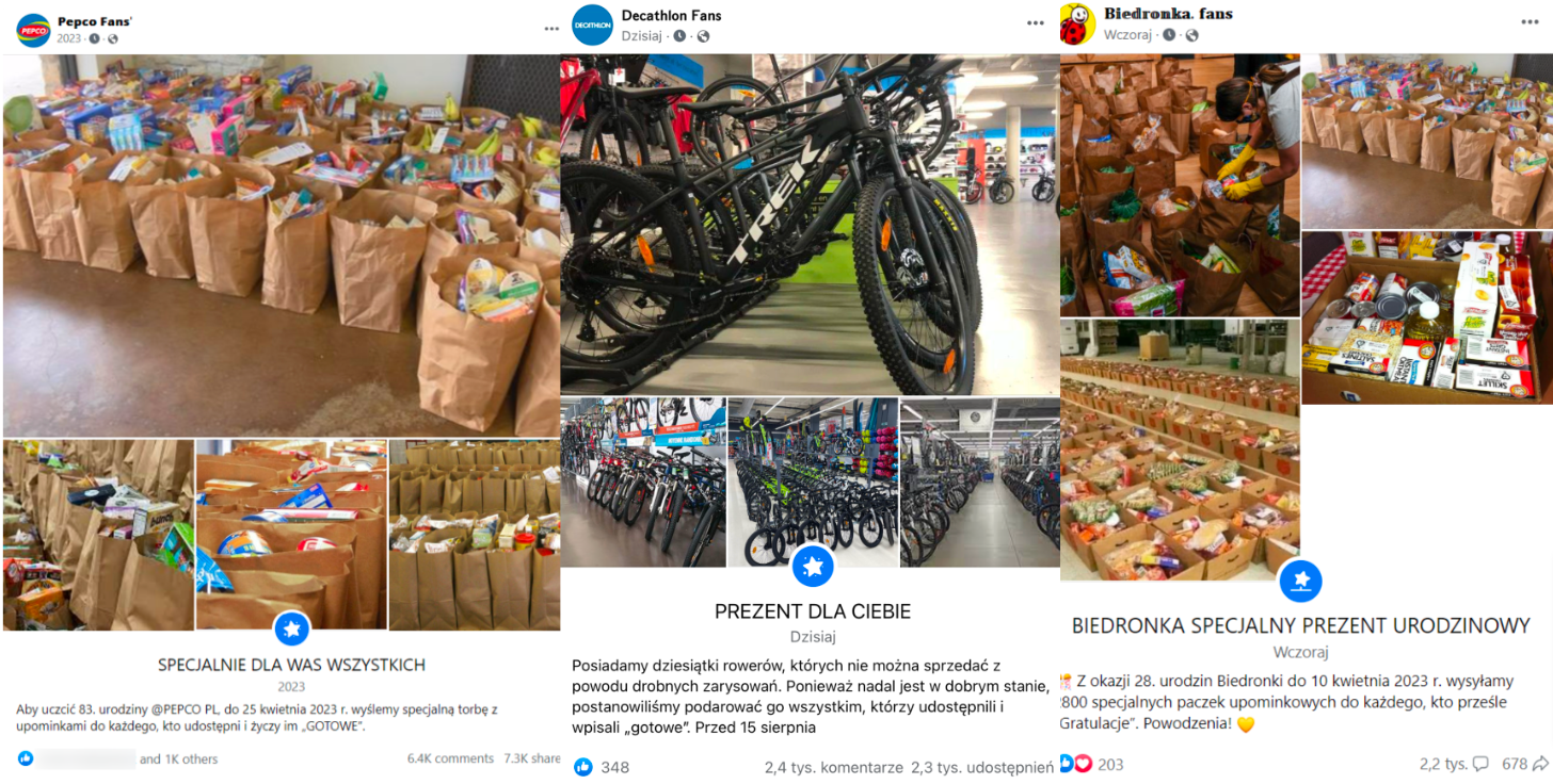 Zrzuty ekranu postów na temat fałszywych akcji organizowanych rzekomo przez znane firmy. Widoczne są torby z prezentami oraz rowery.