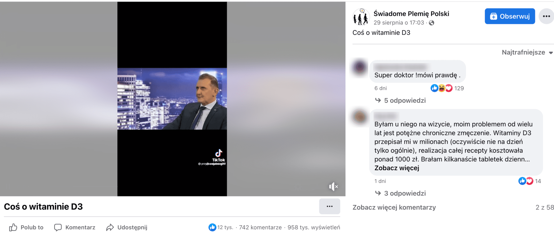 Zrzut ekranu posta na Facebooku. W kadrze TikToka znajduje się Hubert Czerniak: mężczyzna w szarym garniturze pod krawatem. Siedzi na tle grafiki przedstawiającej miasto nocą.