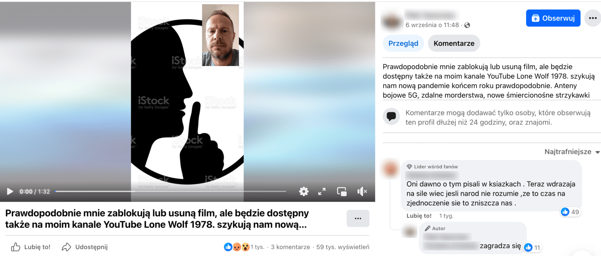 Zrzut ekranu posta na Facebooku. W kadrze dołączonego filmu jest grafika profilu twarzy człowieka, który palcem wskazującym pokazuje znak ciszy. W prawym górnym rogu widnieje twarz mężczyzny z zarostem, użytkownika, który ogląda film.