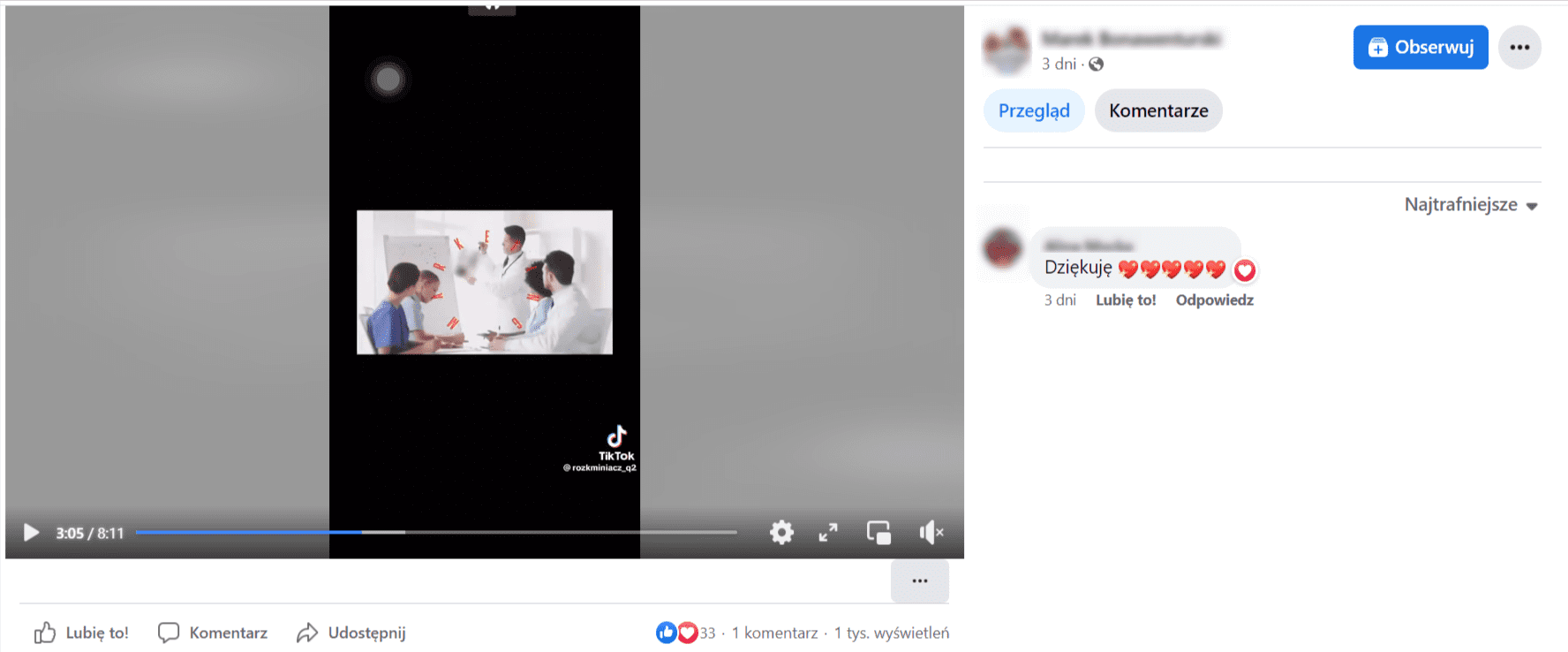 Zrzut ekranu z Facebooka, na którym opublikowano nagranie dotyczące rzekomych powiązań pomiędzy szczepieniami a autyzmem. Liczba wyświetleń: 1 tys., liczba komentarzy: 1, liczba reakcji: 33.