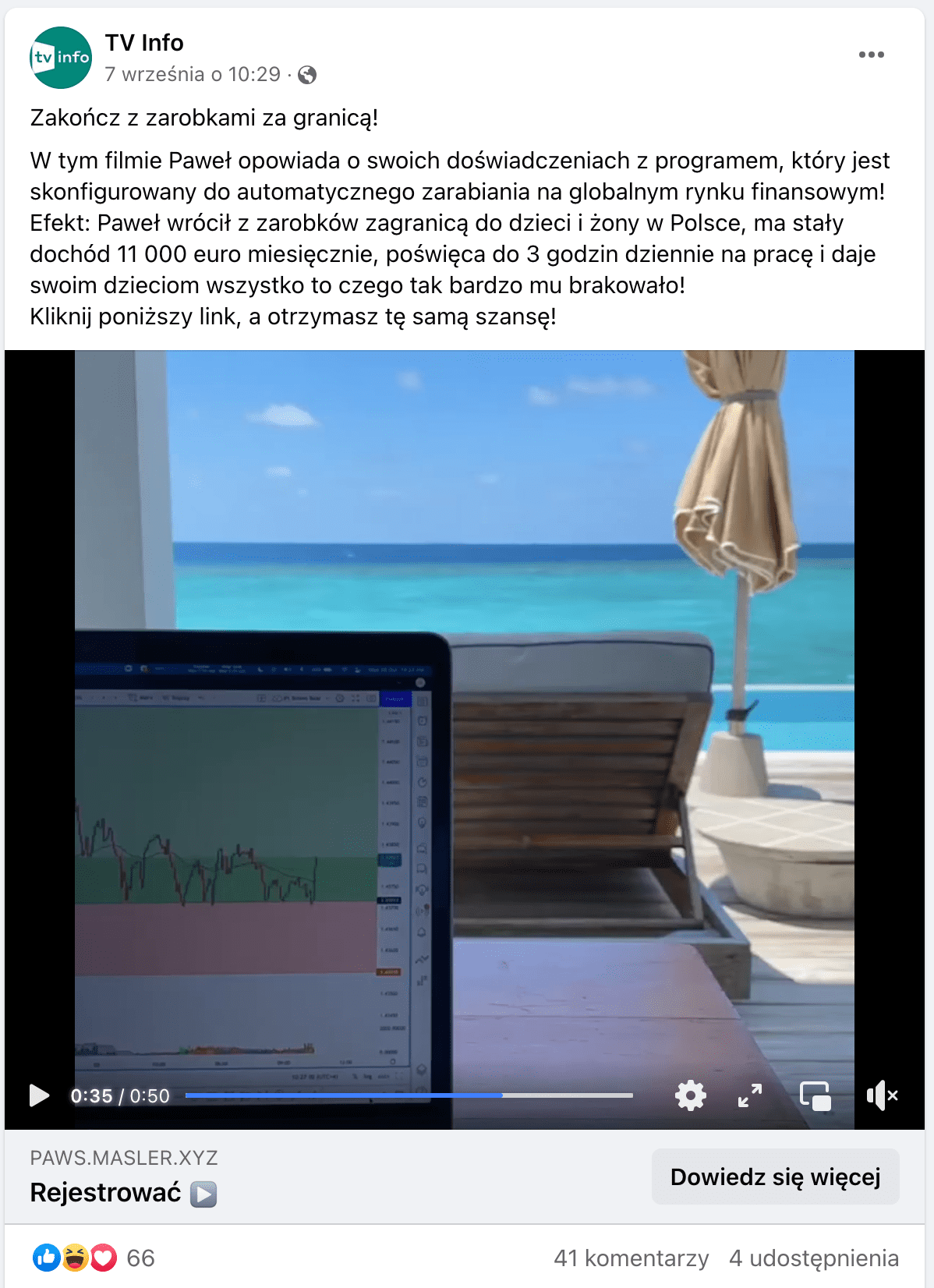 Zrzut ekranu posta na Facebooku. W kadrze załączonego filmu widzimy ekran komputera na tle leżaka, parasola i przejrzystego morza.