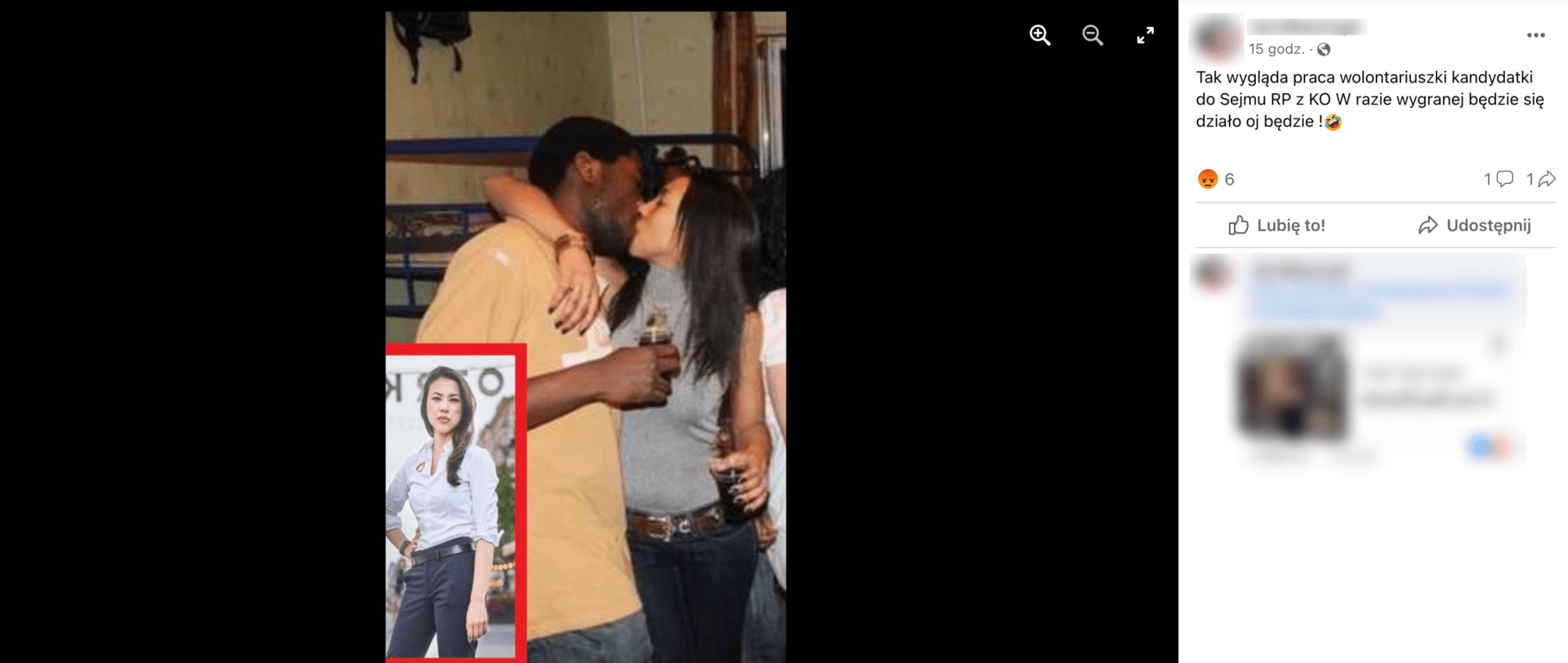 Zrzut ekranu jednego z omawianych postów. Widoczne jest zdjęcie całującej się pary oraz w rogu fotografia Aleksandry Wiśniewskiej.