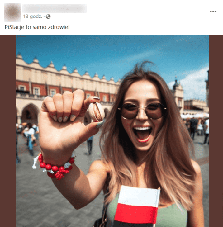 Zrzut ekranu wpisu na Facebooku, w którym napisano: „PiStacje to samo zdrowie!”. Do wpisu dołączono obraz, który przedstawiał kobietę z pistacją i flagą w dłoniach, a także krakowski rynek w tle.